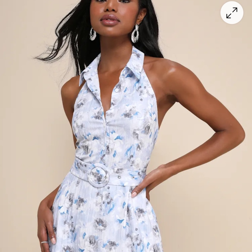 Lulu's Blue and Gray Floral Halter Dress